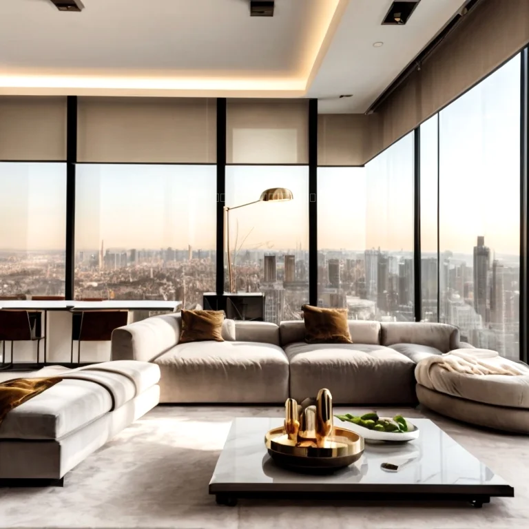 Modern living room with panoramic windows overlooking Kuwait City skyline
